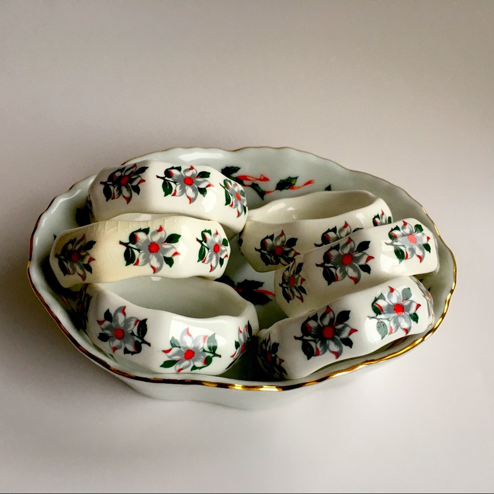 Vintage Sanfdord bone china napkin rings +dish